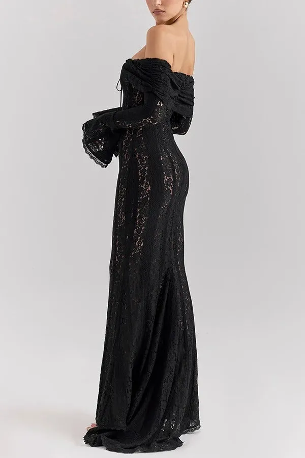 Floral Lace Off Shoulder Flare Sleeve Fishtail Maxi Dresses-White