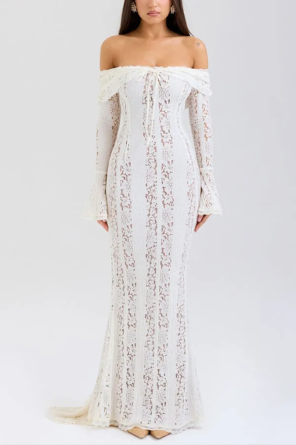 Floral Lace Off Shoulder Flare Sleeve Fishtail Maxi Dresses-White