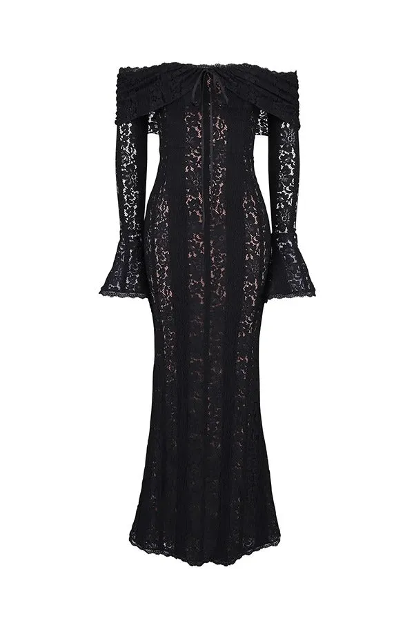Floral Lace Off Shoulder Flare Sleeve Fishtail Maxi Dresses-White