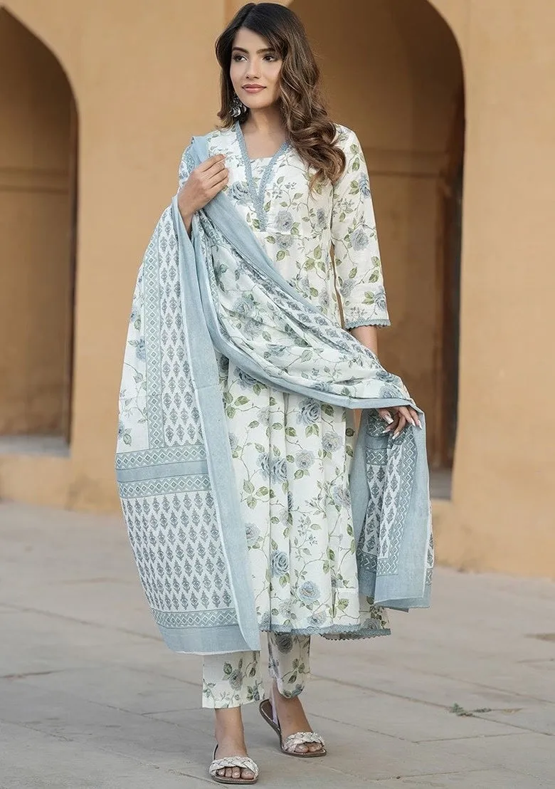 FRIFILL White &amp; Pink Floral Cotton Suit – Elegant Summer Wear
