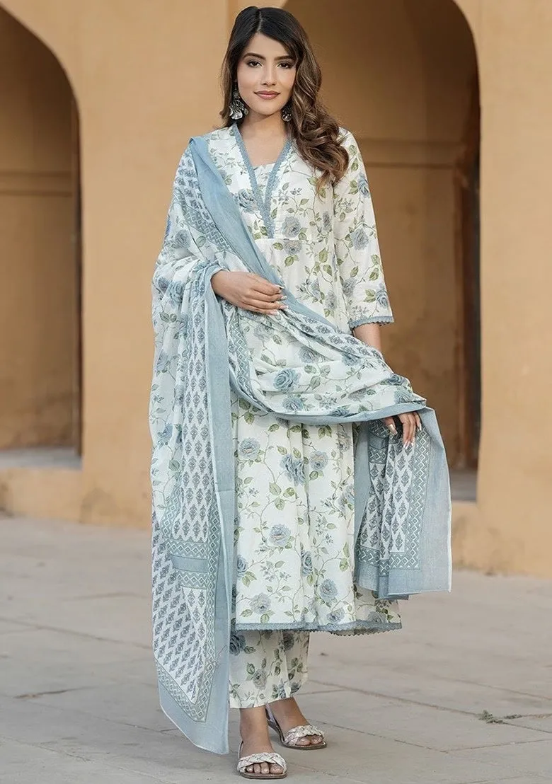 FRIFILL White &amp; Pink Floral Cotton Suit – Elegant Summer Wear