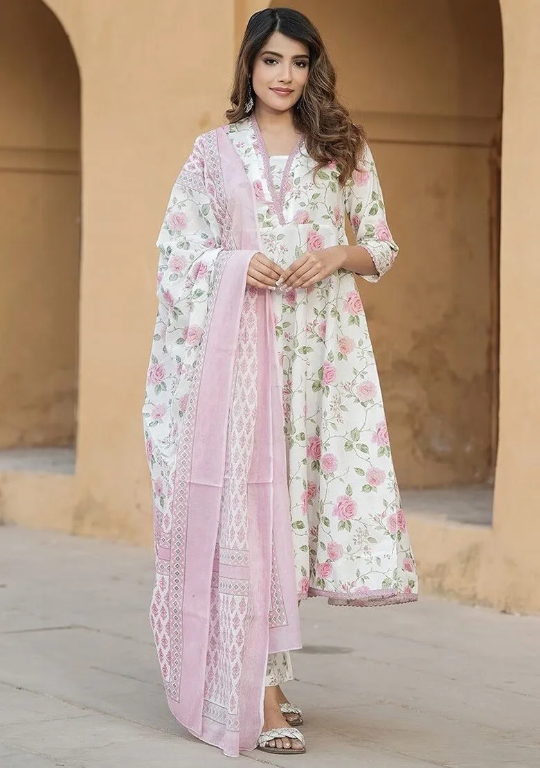 FRIFILL White &amp; Pink Floral Cotton Suit – Elegant Summer Wear