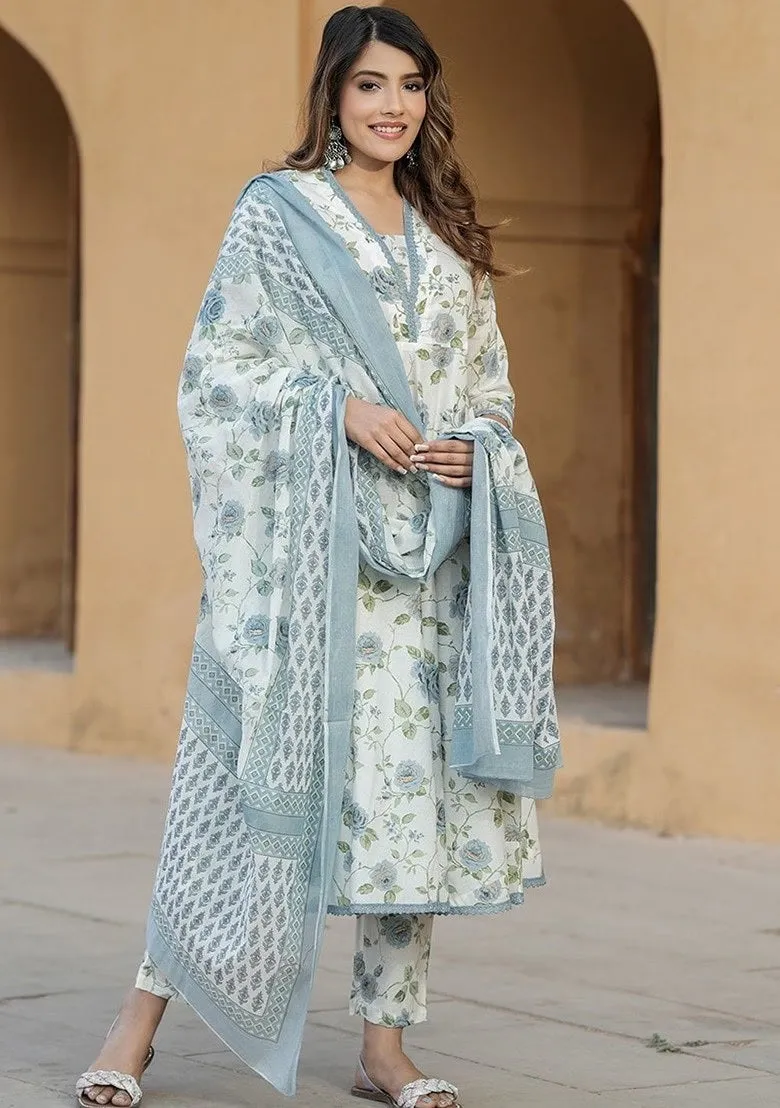 FRIFILL White &amp; Pink Floral Cotton Suit – Elegant Summer Wear