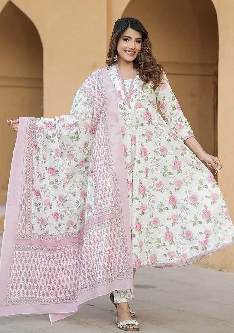 FRIFILL White &amp; Pink Floral Cotton Suit – Elegant Summer Wear