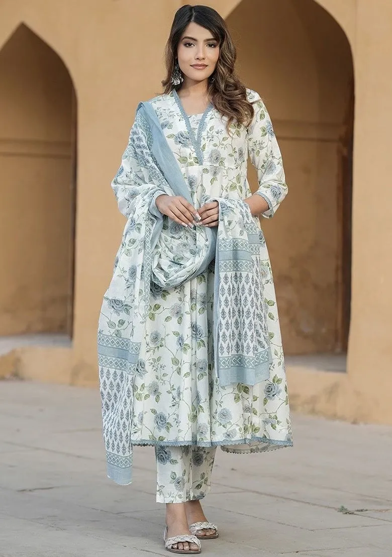 FRIFILL White &amp; Pink Floral Cotton Suit – Elegant Summer Wear