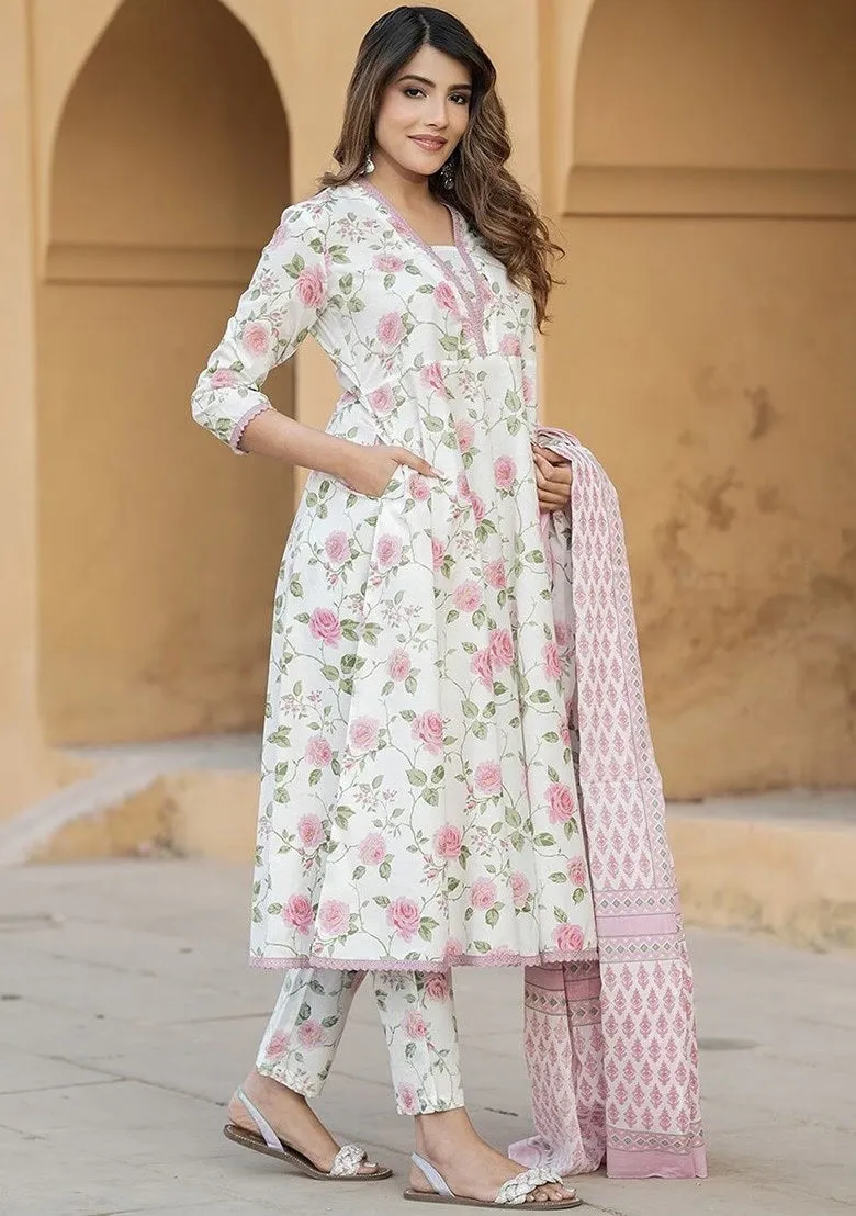 FRIFILL White &amp; Pink Floral Cotton Suit – Elegant Summer Wear