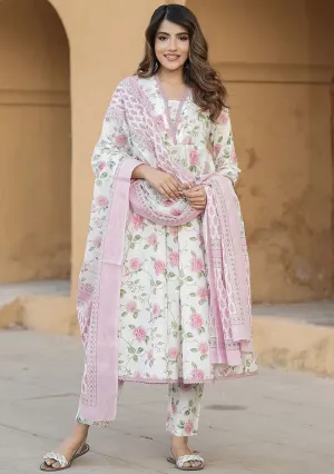 FRIFILL White &amp; Pink Floral Cotton Suit – Elegant Summer Wear