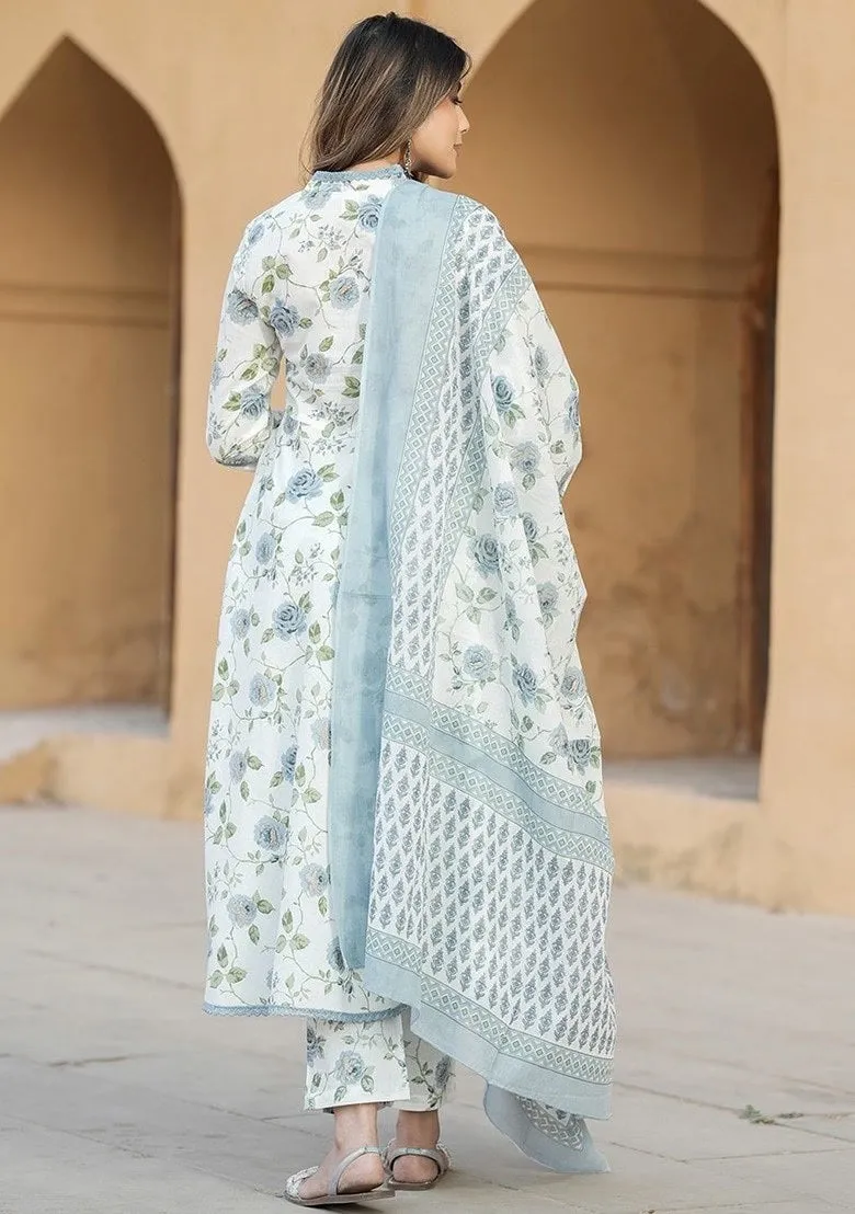 FRIFILL White &amp; Pink Floral Cotton Suit – Elegant Summer Wear