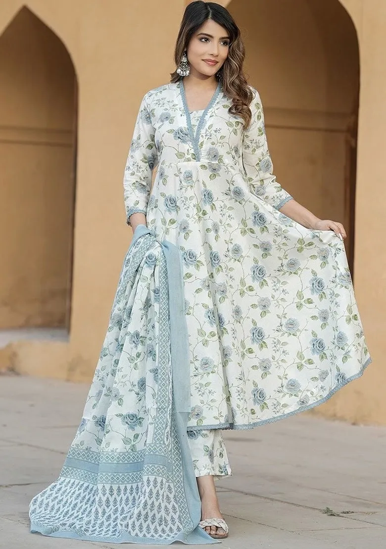 FRIFILL White &amp; Pink Floral Cotton Suit – Elegant Summer Wear