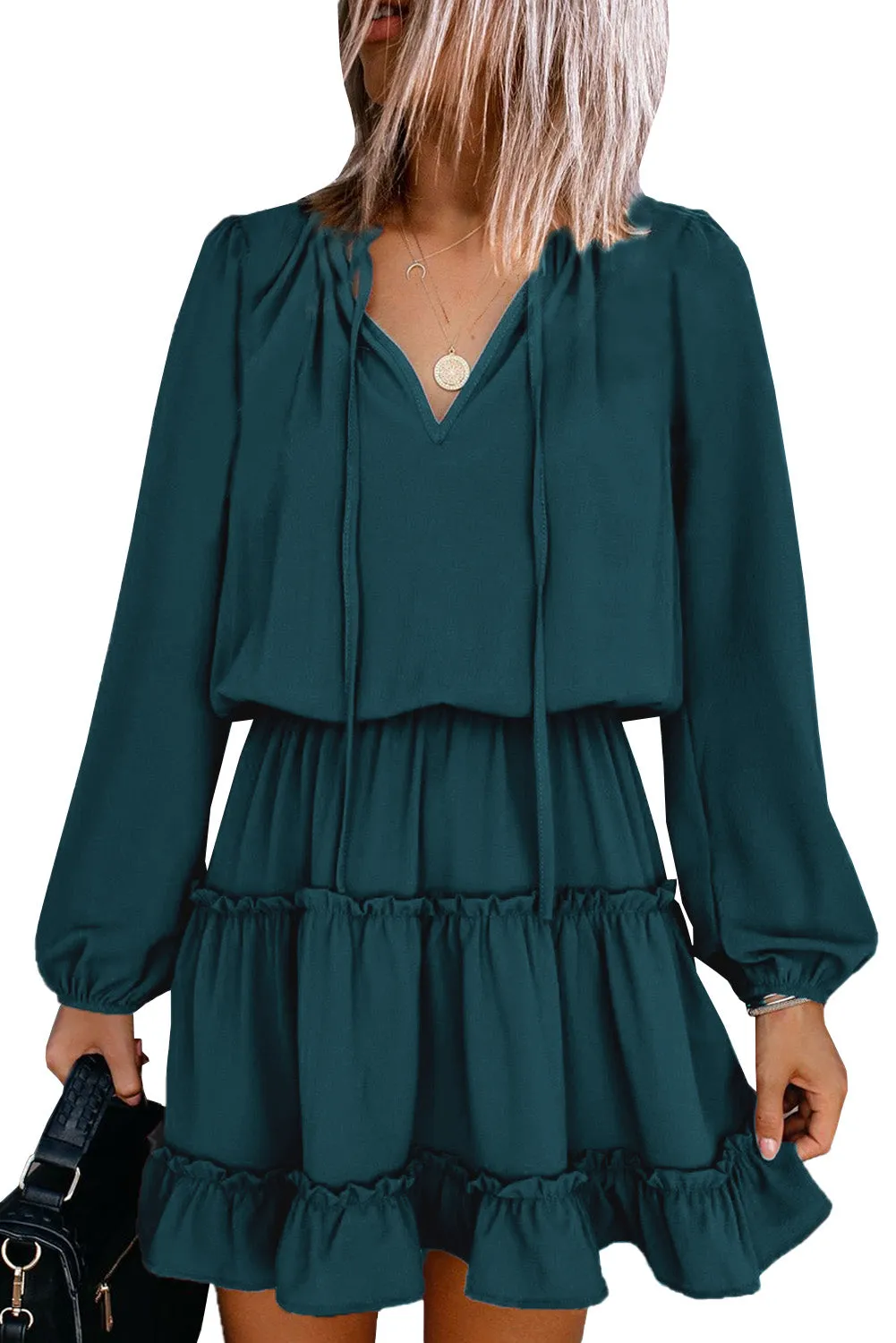 Green V Neck Long Sleeve Ruffle Tiered Mini Dress