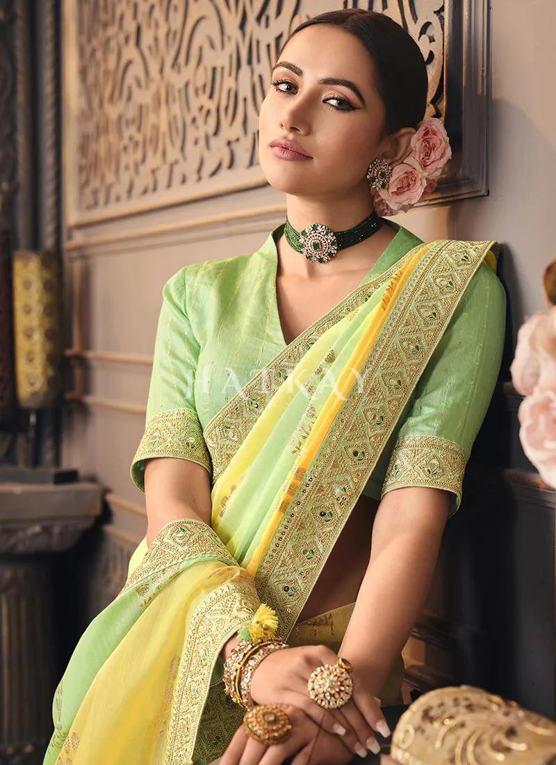 Green Yellow Zari Embroidery Organza Silk Saree