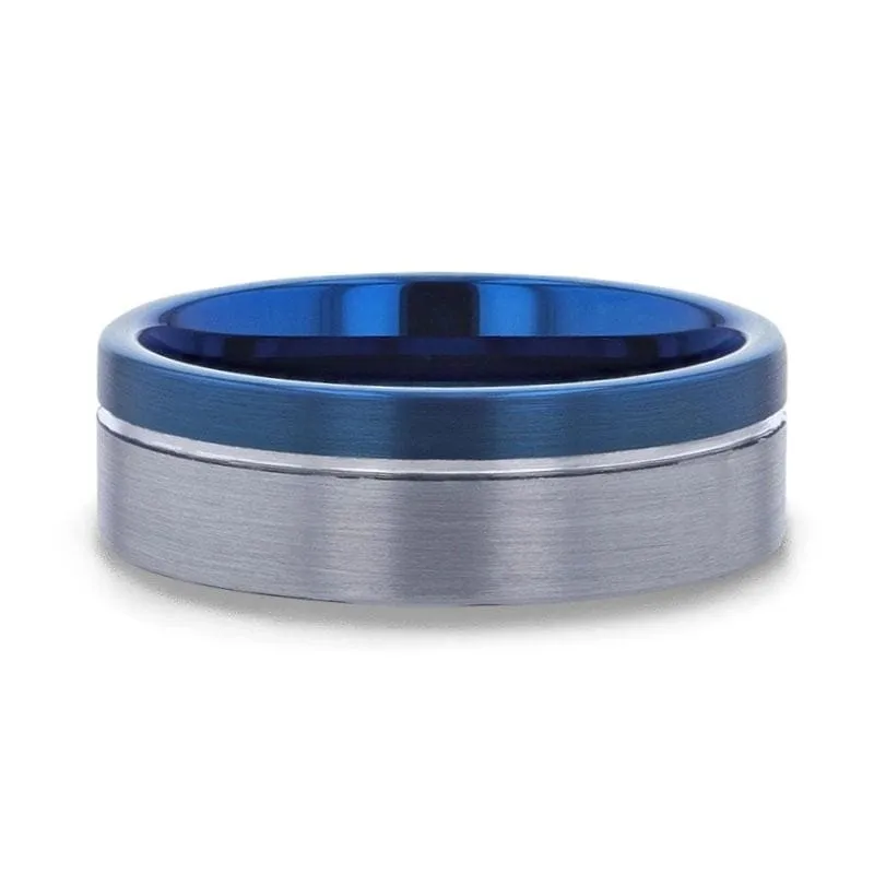 Grooved Tungsten Carbide Men's Wedding Band With Blue Ion Plating Inside - 8mm