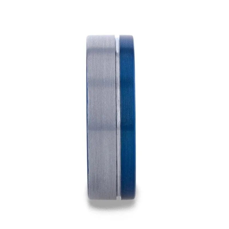 Grooved Tungsten Carbide Men's Wedding Band With Blue Ion Plating Inside - 8mm