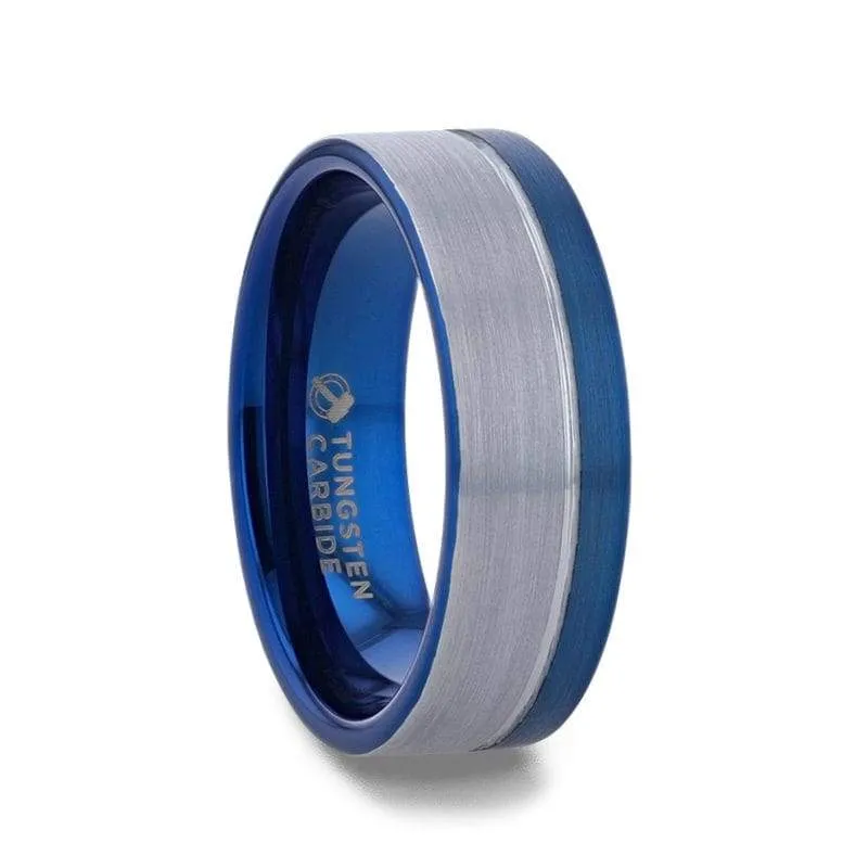 Grooved Tungsten Carbide Men's Wedding Band With Blue Ion Plating Inside - 8mm