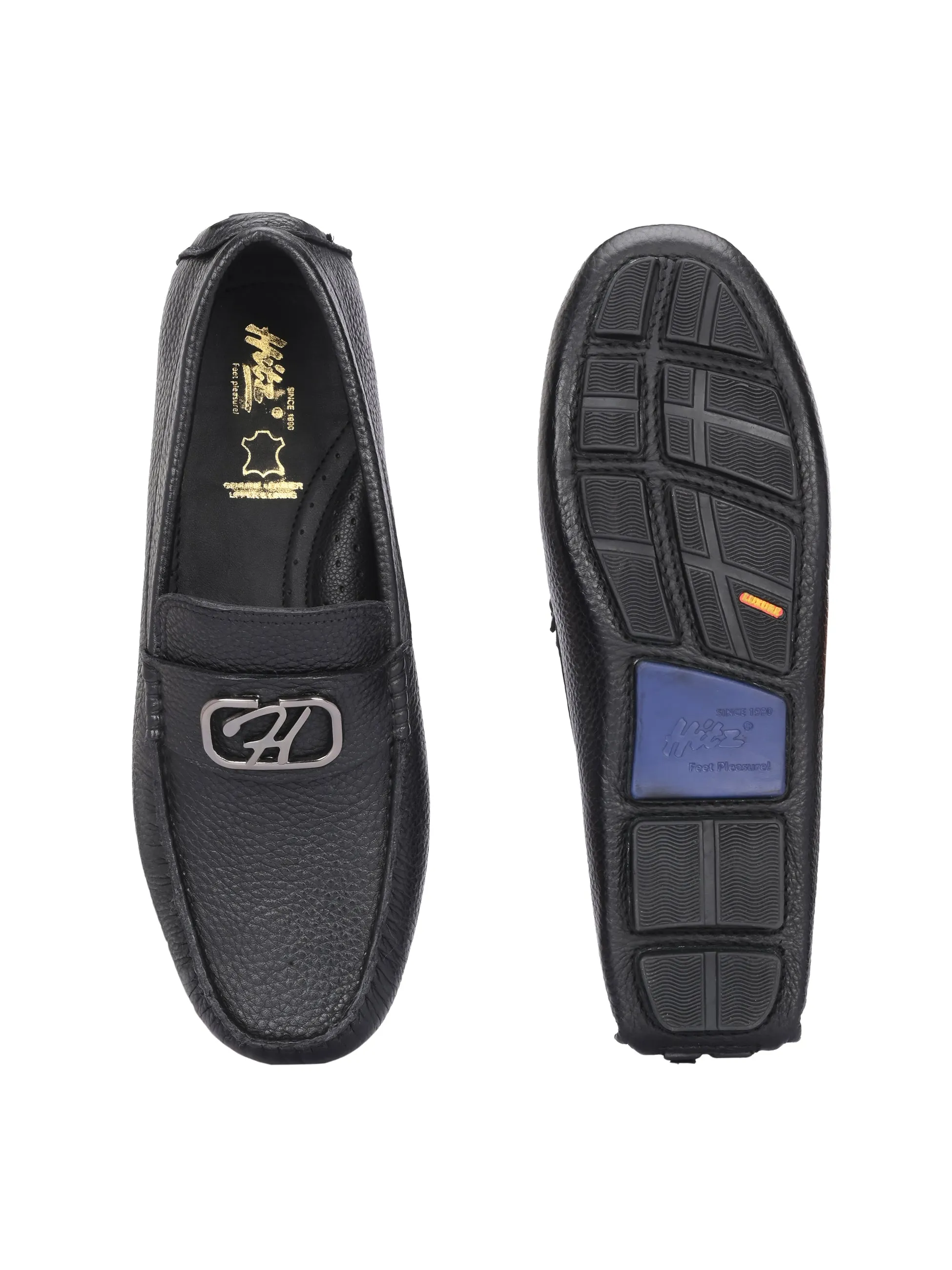 Hitz Men's Black Leather Casual Loafers