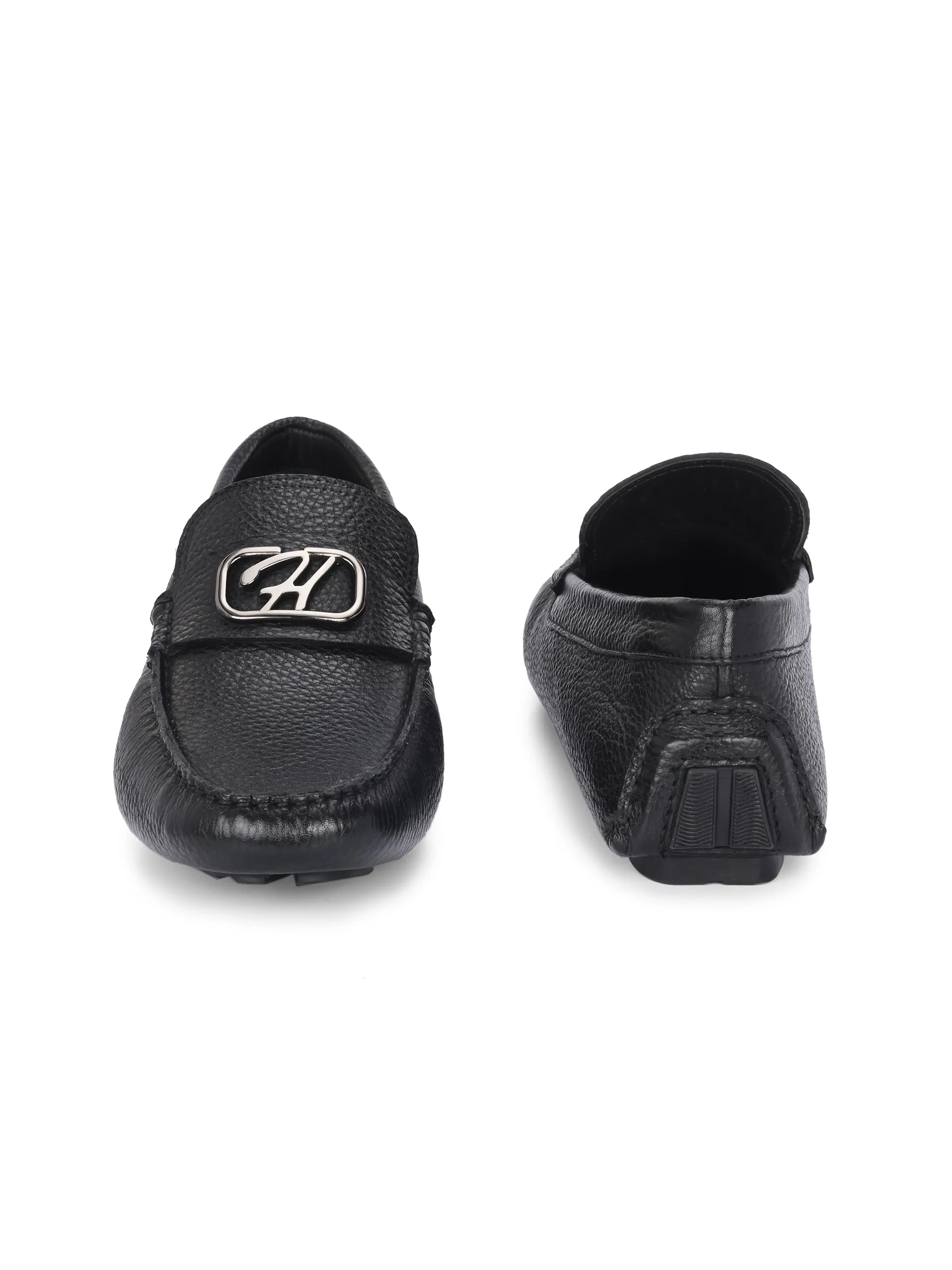 Hitz Men's Black Leather Casual Loafers