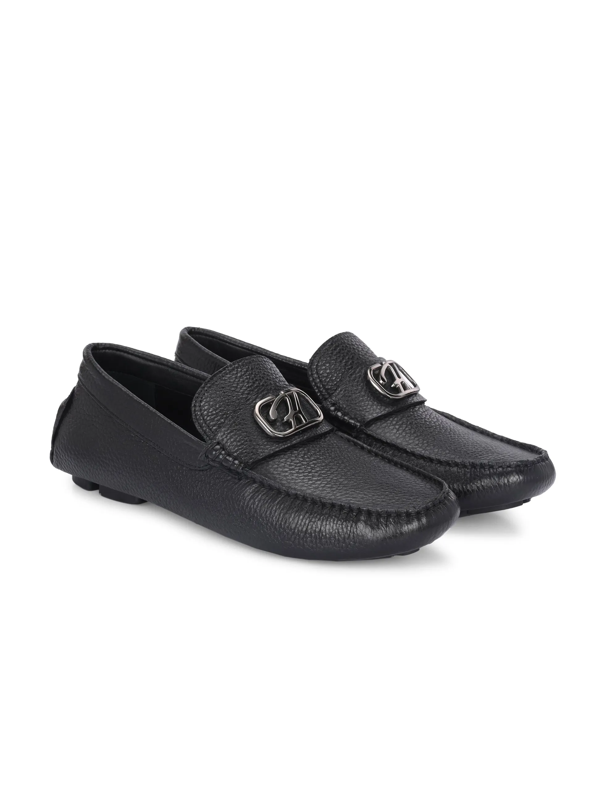 Hitz Men's Black Leather Casual Loafers