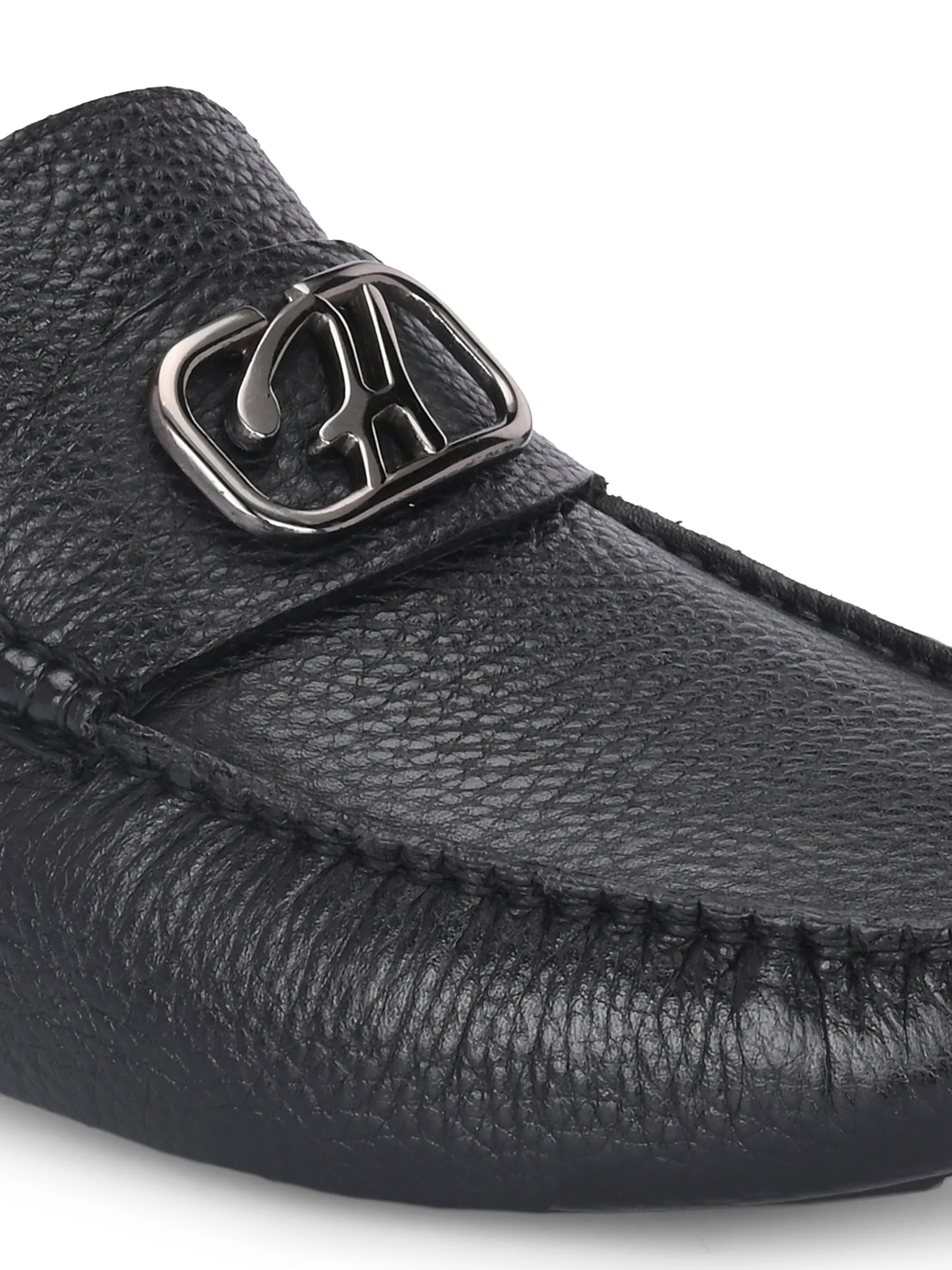 Hitz Men's Black Leather Casual Loafers