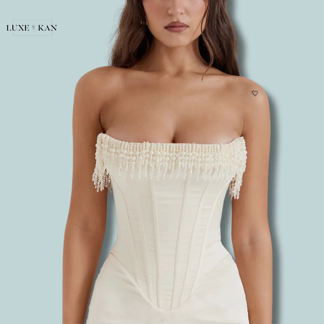 House of CB NALITA 
VINTAGE CREAM EMBELLISHED STRAPLESS DRESS