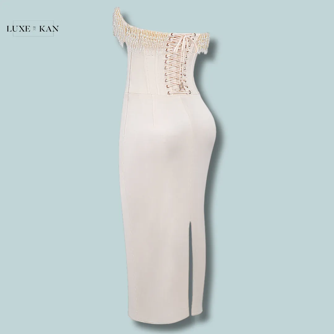 House of CB NALITA 
VINTAGE CREAM EMBELLISHED STRAPLESS DRESS