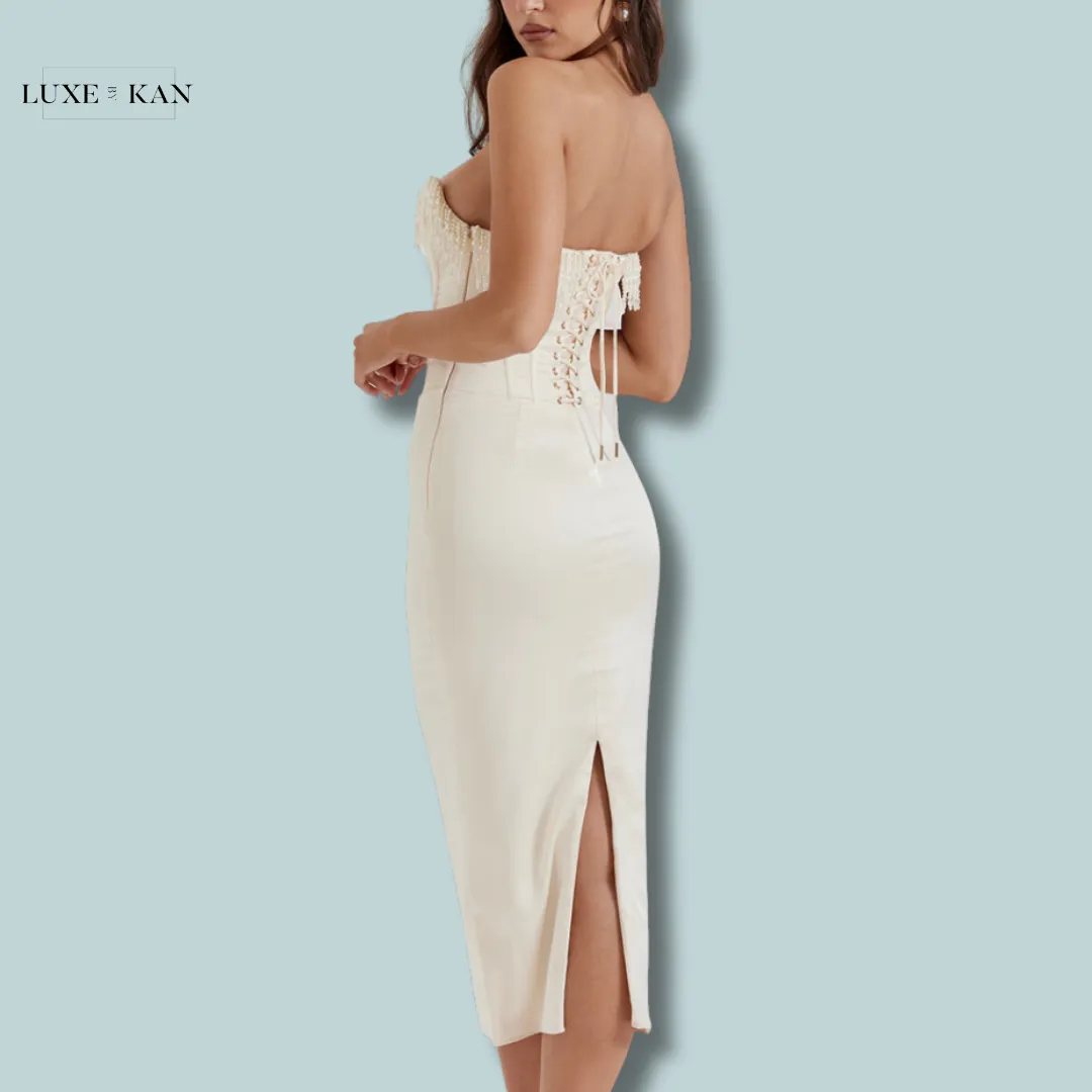 House of CB NALITA 
VINTAGE CREAM EMBELLISHED STRAPLESS DRESS