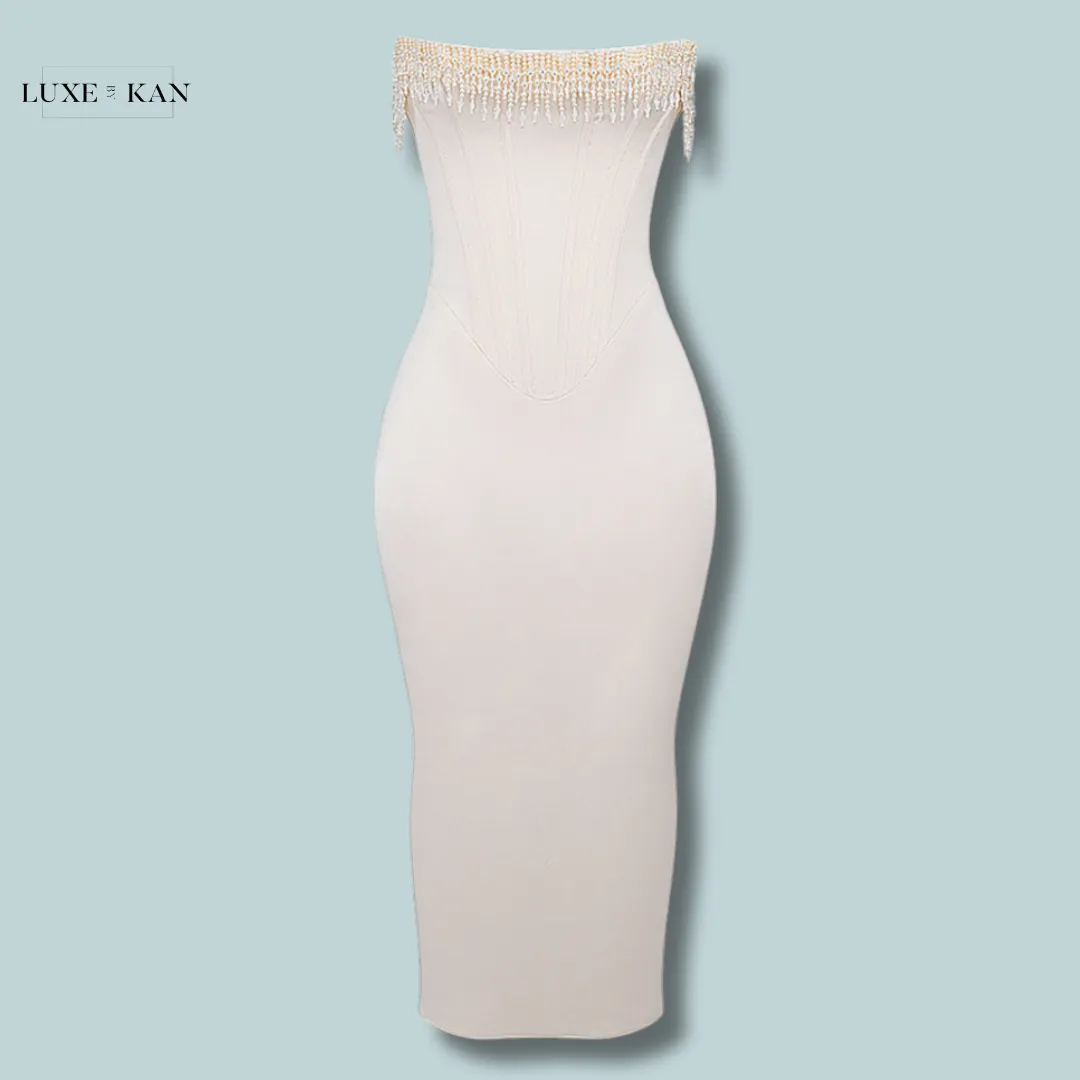 House of CB NALITA 
VINTAGE CREAM EMBELLISHED STRAPLESS DRESS