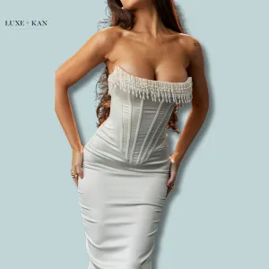 House of CB NALITA 
VINTAGE CREAM EMBELLISHED STRAPLESS DRESS