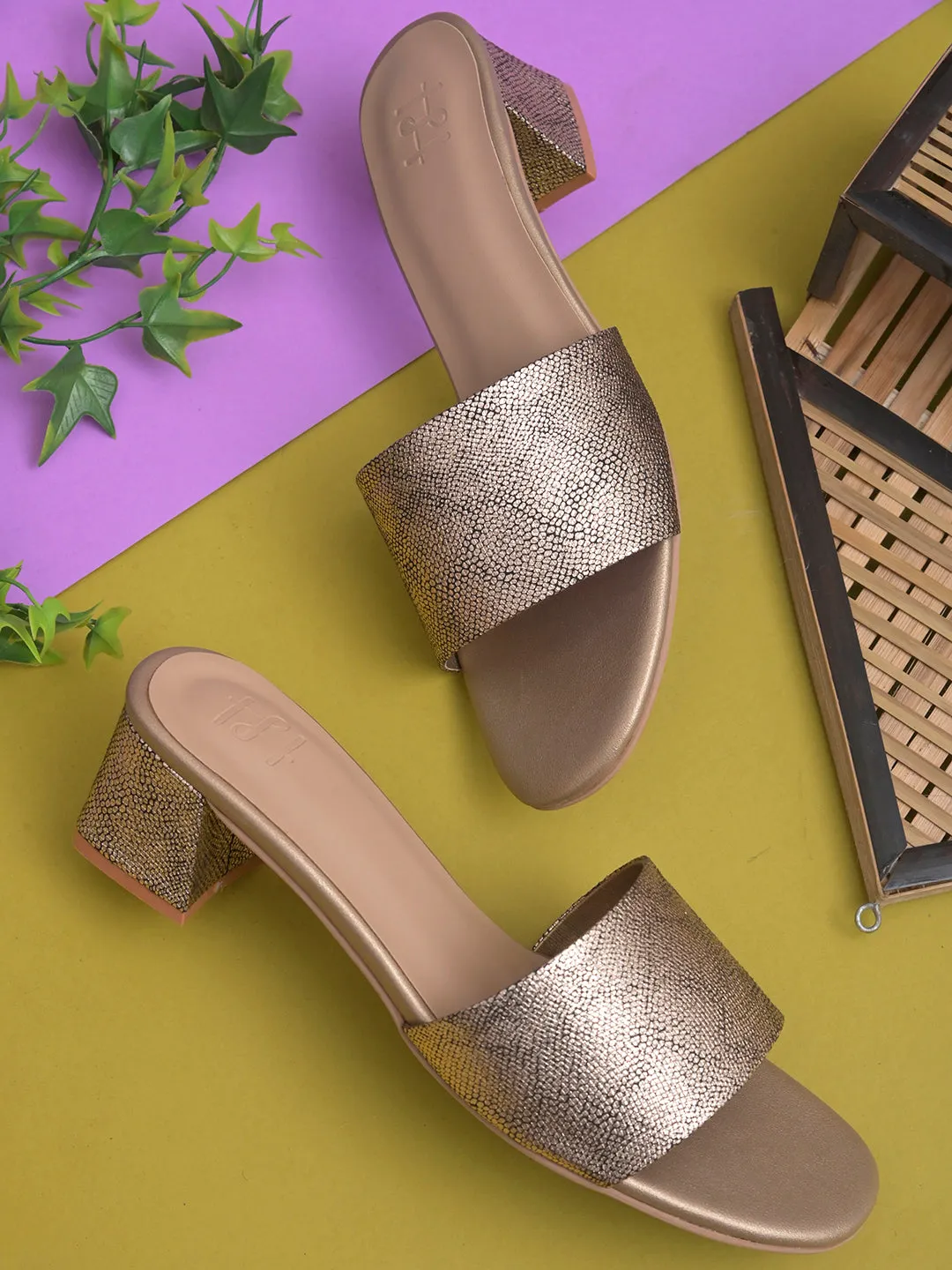 Hydes N Hues Gold Short Heels with Gun Metal