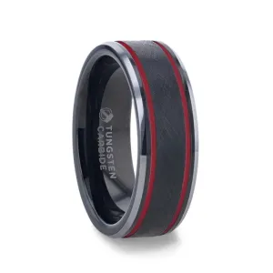 JULIUS Men's Black Tungsten Wedding Ring With Double Red Stripe Grooves - 8mm