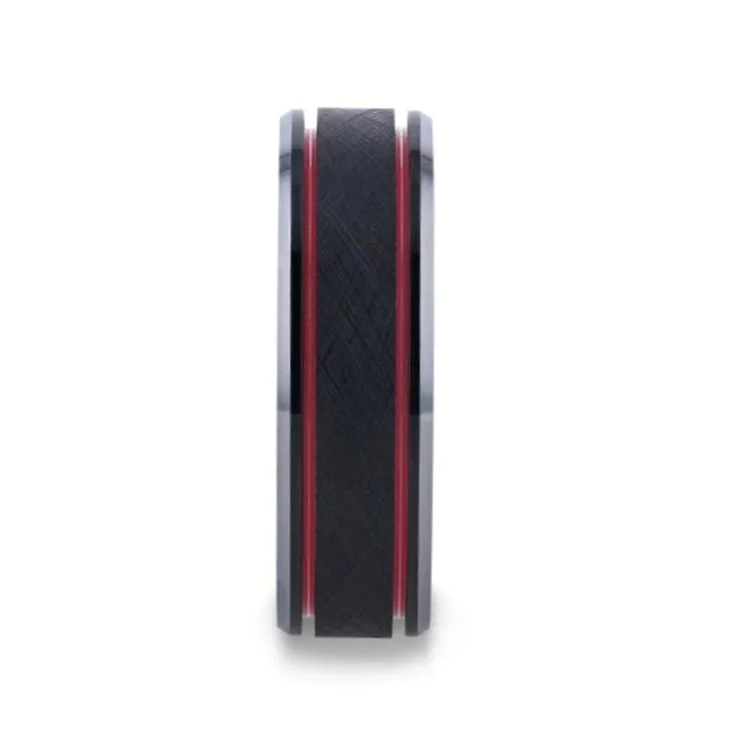 JULIUS Men's Black Tungsten Wedding Ring With Double Red Stripe Grooves - 8mm