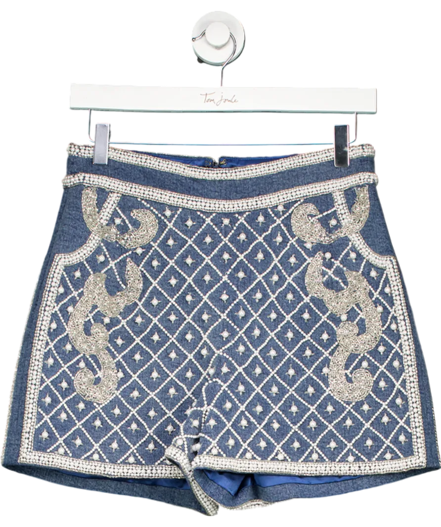 Karen Millen Blue Pearl Embellished Denim Shorts UK 10