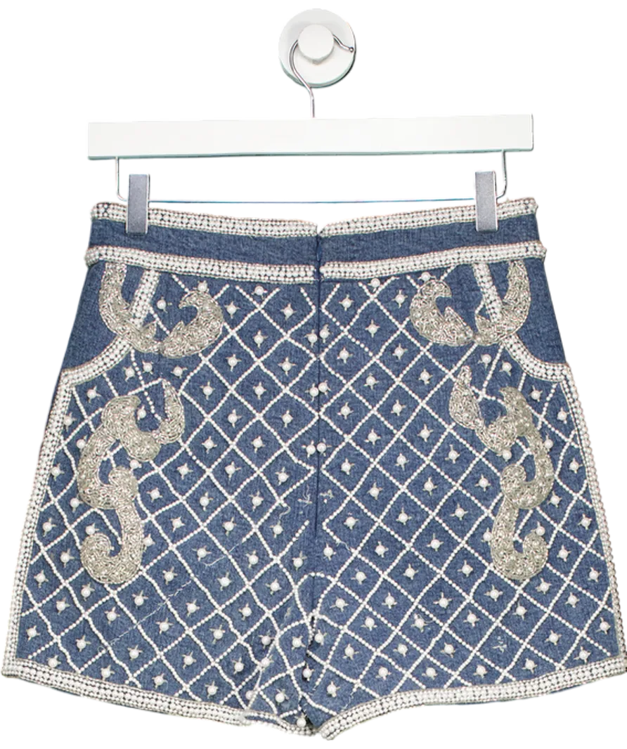 Karen Millen Blue Pearl Embellished Denim Shorts UK 10