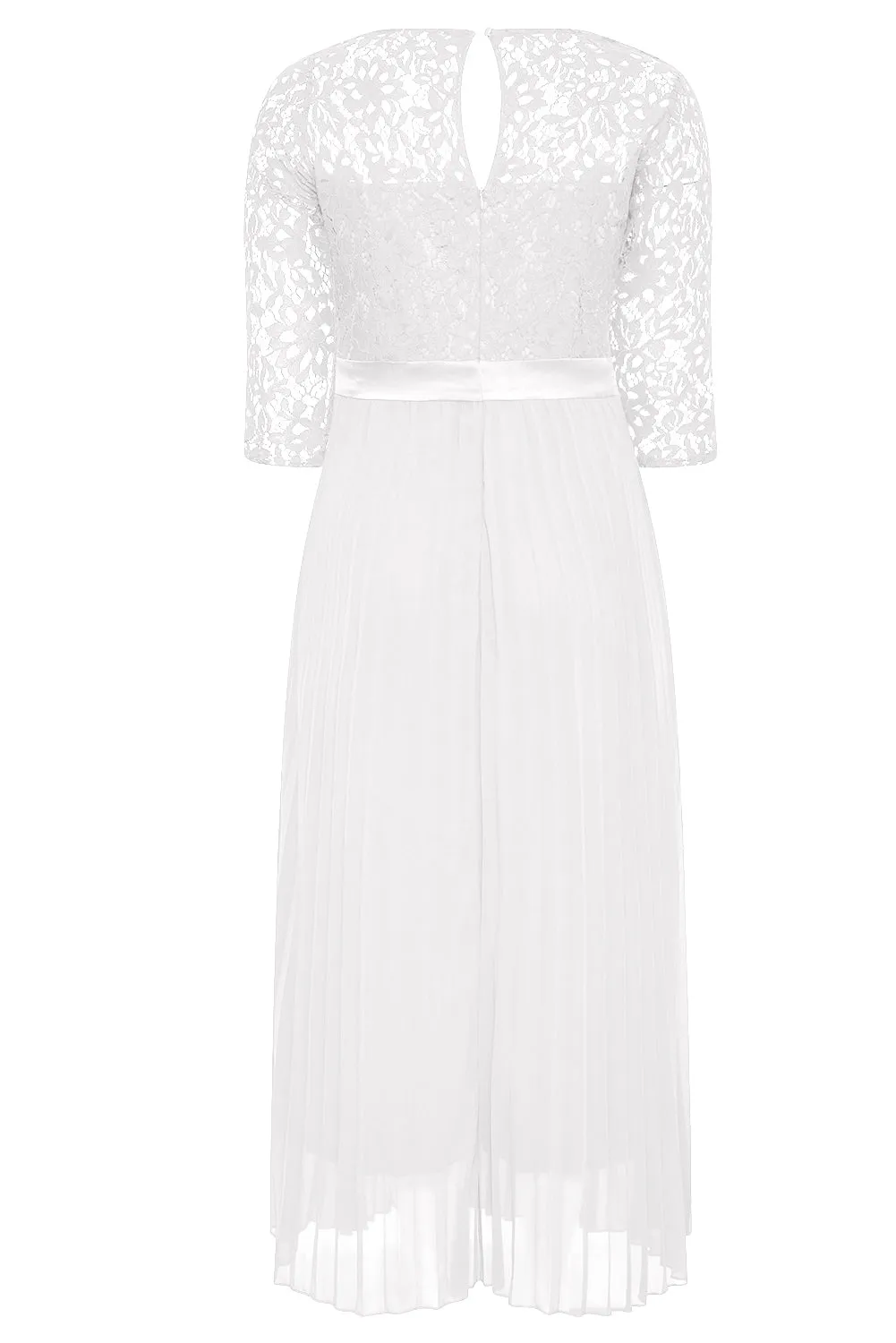 Lace Scalloped V Neck 3/4 Sleeves Pleated Tulle Plus Maxi Dress