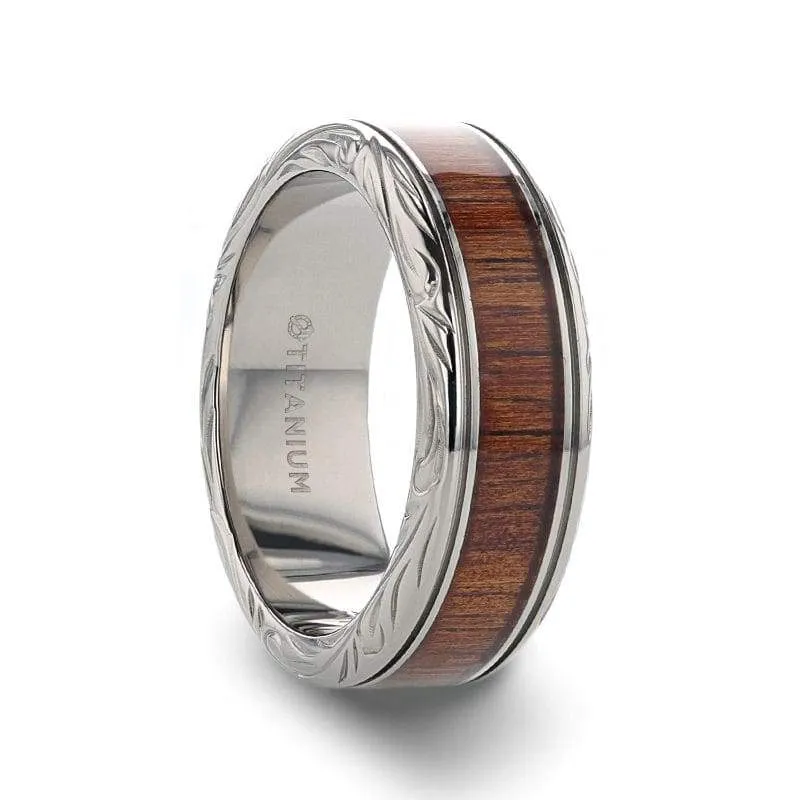LAIE Koa Wood Inlaid Titanium Men’s Wedding Ring With Intricate Edges 6mm - 10mm