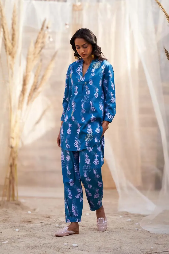 Leaf-Printed Co-ord Set in Cotton Satin with Zari HighlightsRVWK88YB-WP5YB
