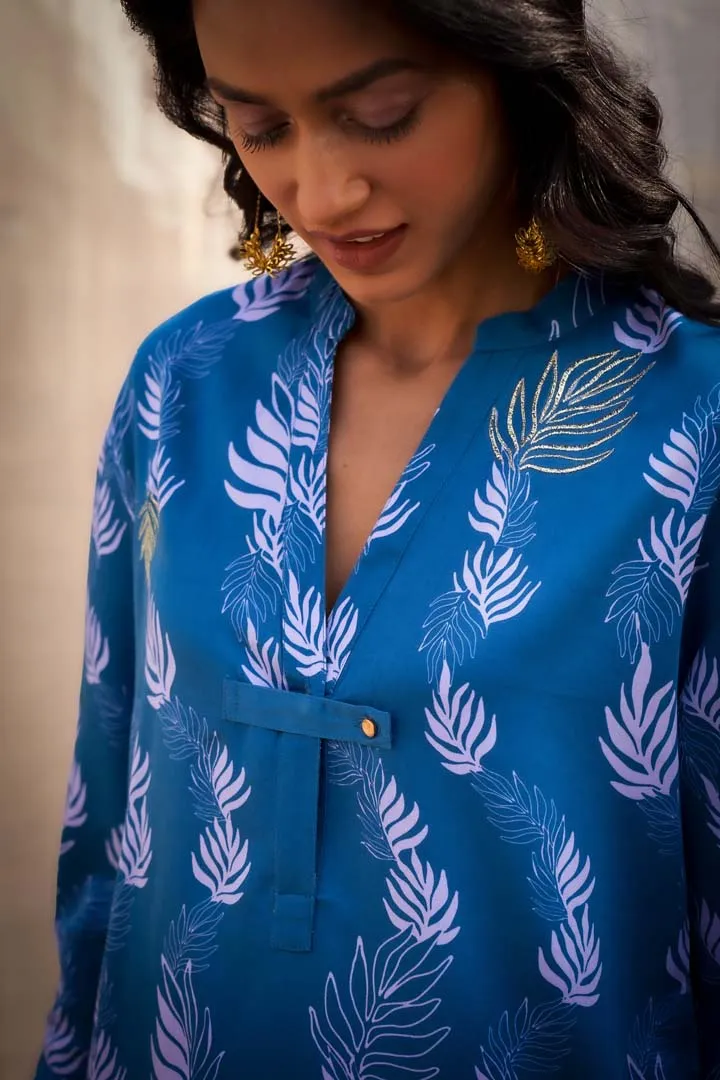 Leaf-Printed Co-ord Set in Cotton Satin with Zari HighlightsRVWK88YB-WP5YB