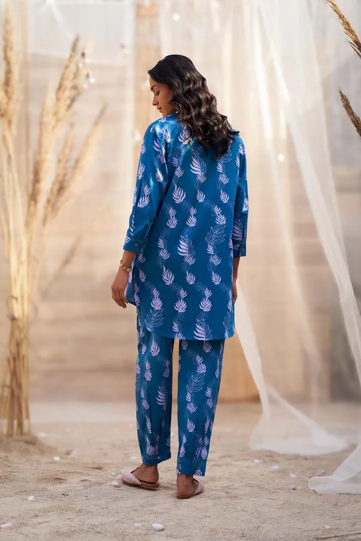 Leaf-Printed Co-ord Set in Cotton Satin with Zari HighlightsRVWK88YB-WP5YB
