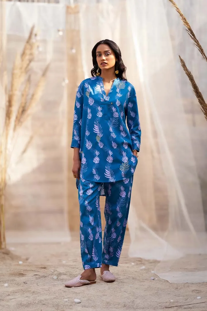 Leaf-Printed Co-ord Set in Cotton Satin with Zari HighlightsRVWK88YB-WP5YB