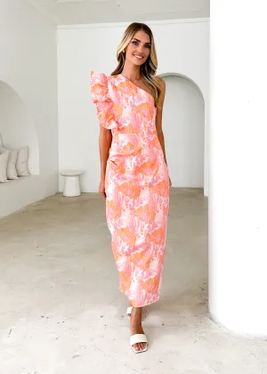 Lexus One Shoulder Midi Dress - Peach Jacquard