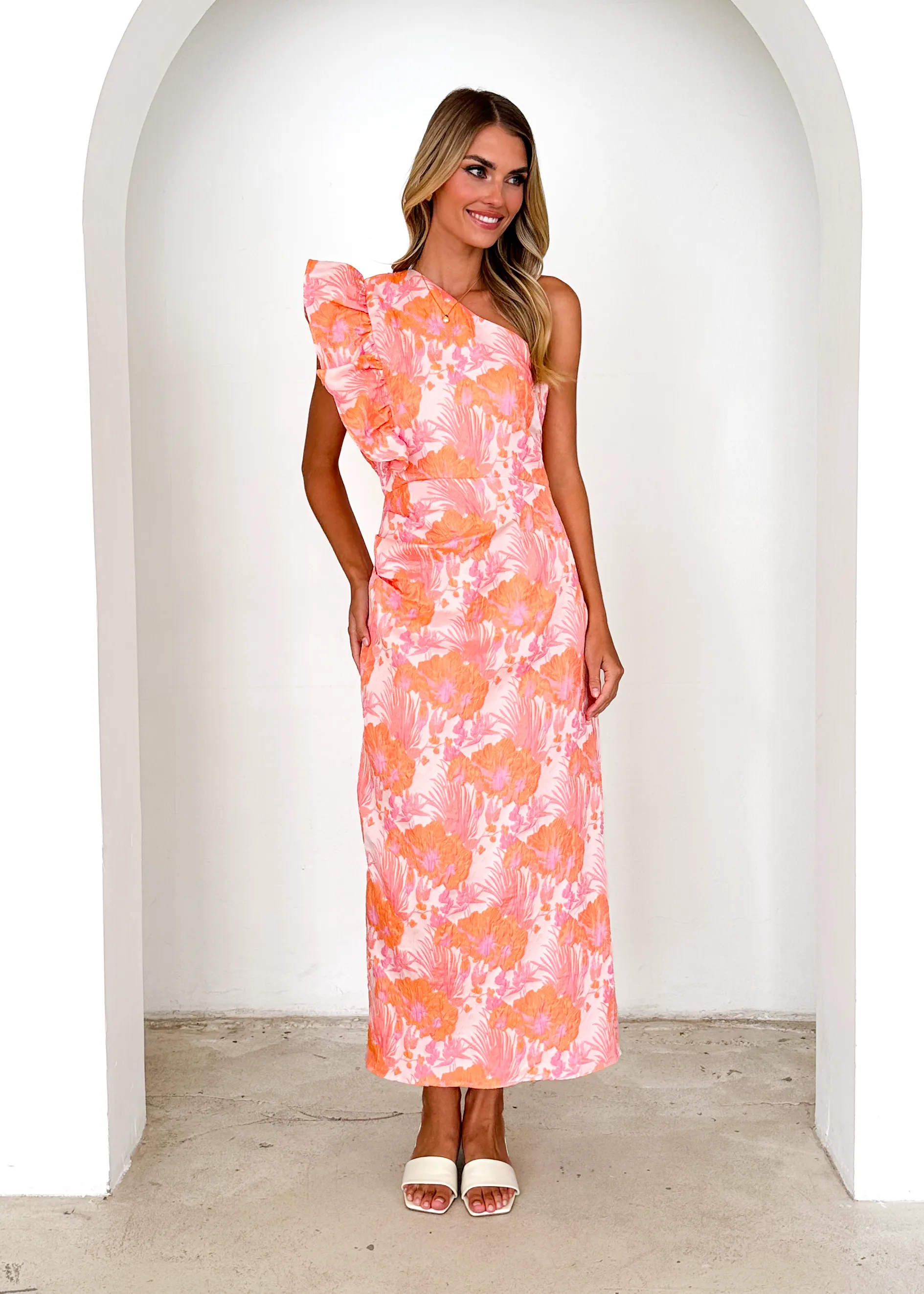 Lexus One Shoulder Midi Dress - Peach Jacquard