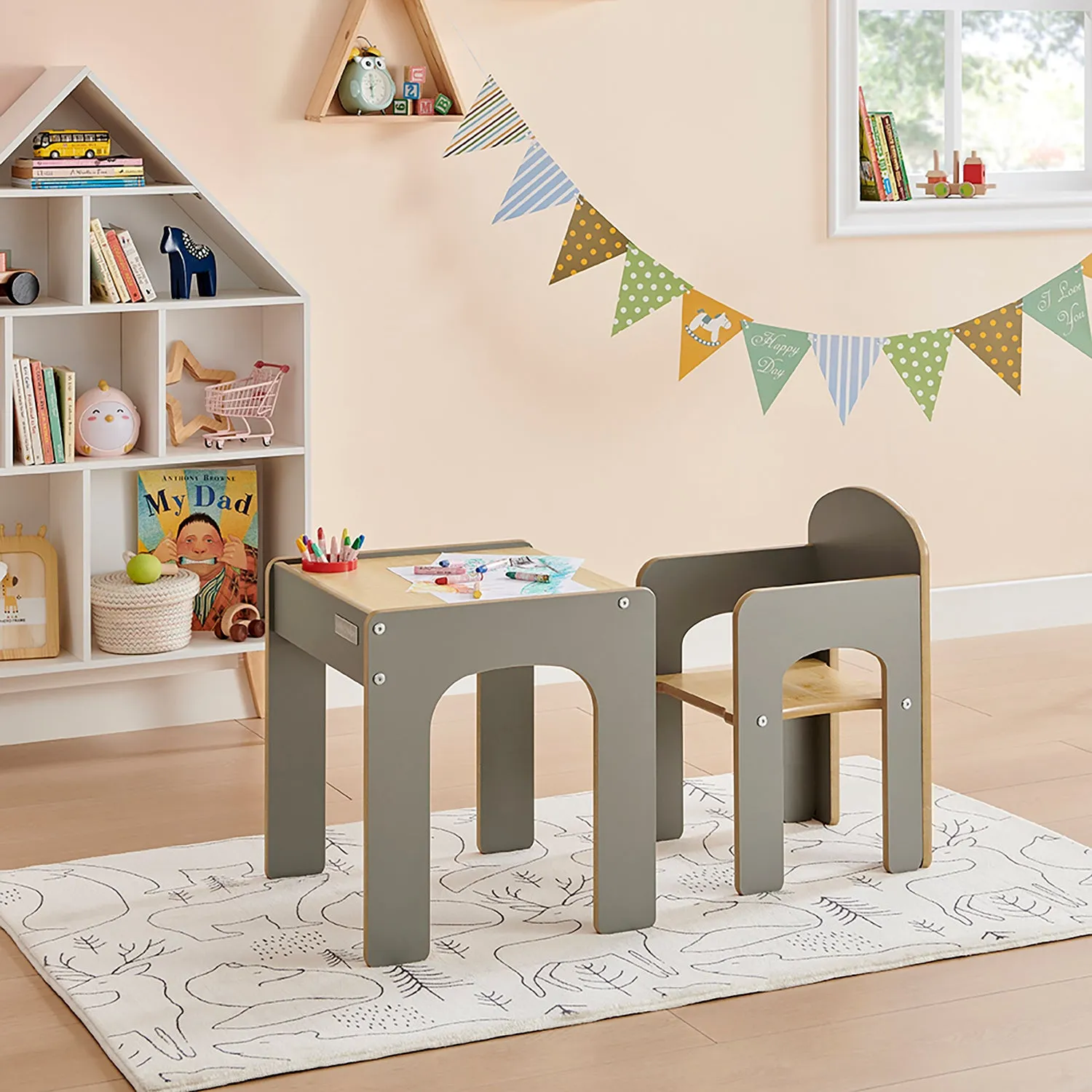 Little Helper Wooden Toddler Table and Chair for Arts, Crafts & Mealtimes | Grey/Natural