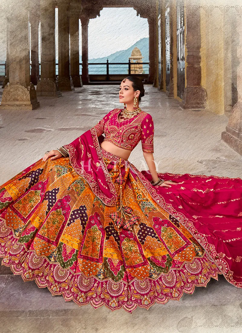 Magenta Pink And Yellow Embroidery Silk Lehenga Choli