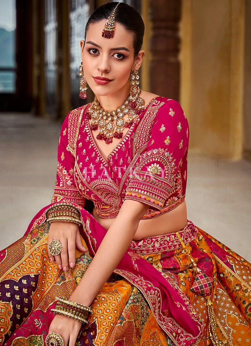 Magenta Pink And Yellow Embroidery Silk Lehenga Choli