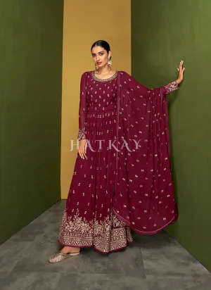 Magenta Traditional Embroidered Anarkali Palazzo Suit