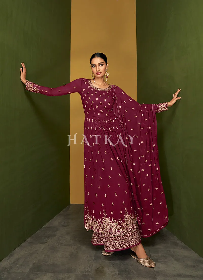 Magenta Traditional Embroidered Anarkali Palazzo Suit