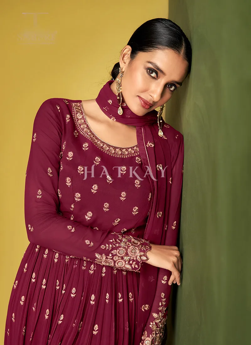 Magenta Traditional Embroidered Anarkali Palazzo Suit