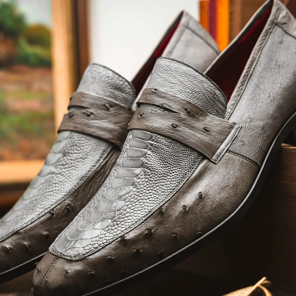Marco Di Milano Fangio in Serpentine Grey Ostrich Penny Loafers