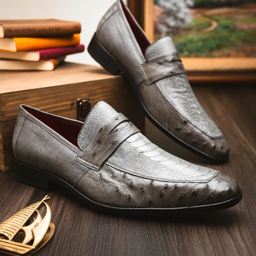Marco Di Milano Fangio in Serpentine Grey Ostrich Penny Loafers