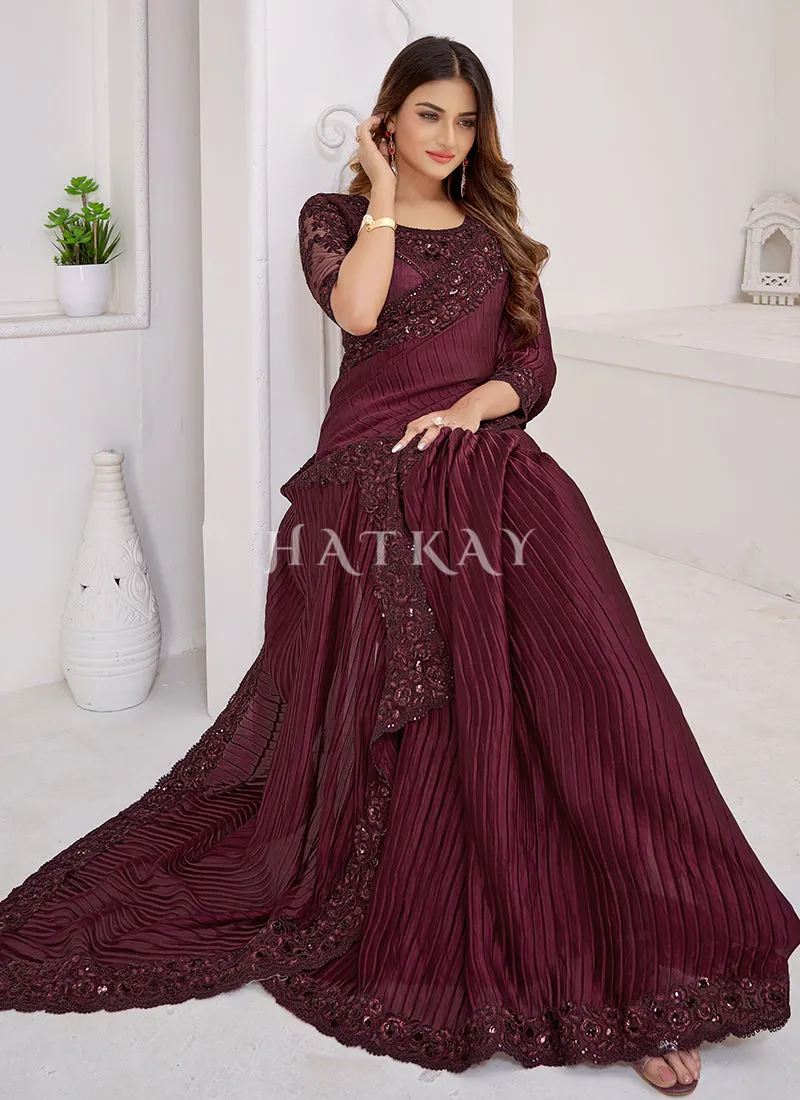 Maroon Sequence Embroidered Crush Wedding Saree