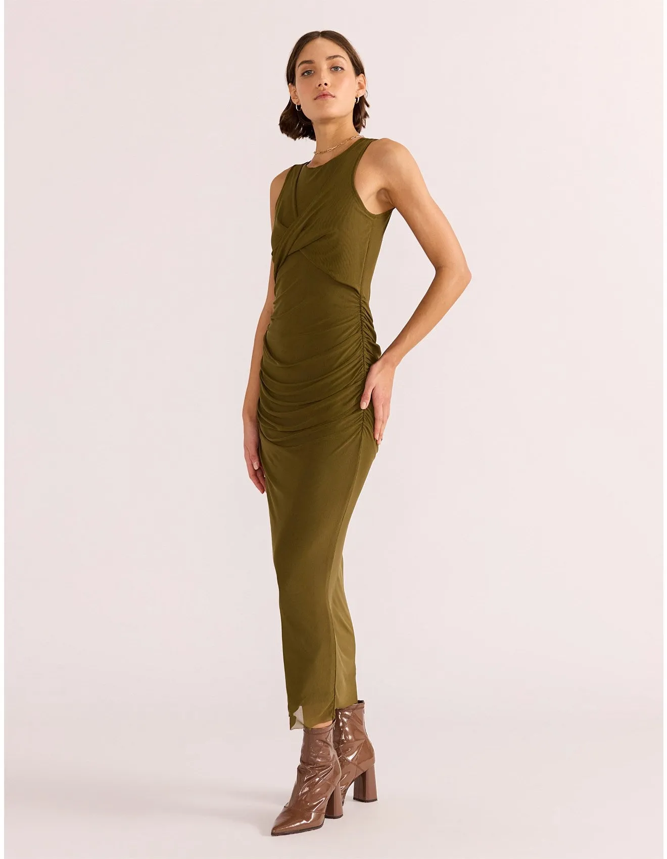 MINKPINK ELODIE MESH MIDI DRESS KHAKI